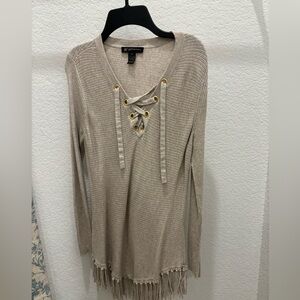 Beige Lace-Up Fringe Sweater Top